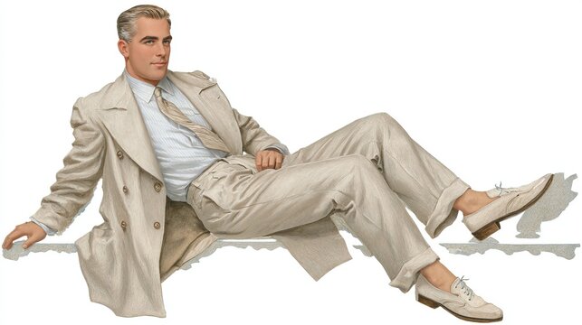 Man in vintage suit and trench coat, elegant retro style illustration, 1940s fashion advertising element