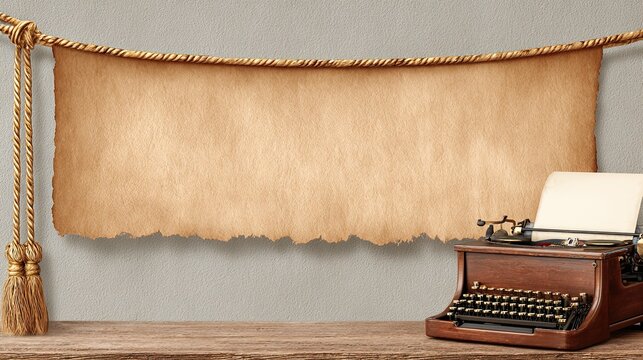 Old paper scroll banner and typewriter, Vintage retro mockup backdrop, Writing blogging creative story element
