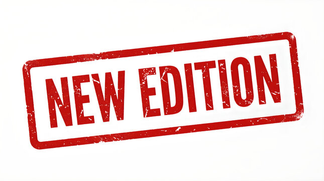 A red rectangular rubber stamp with the words "NEW EDITION" in bold capital letters, isolated on a white background, signifying an update or fresh release.