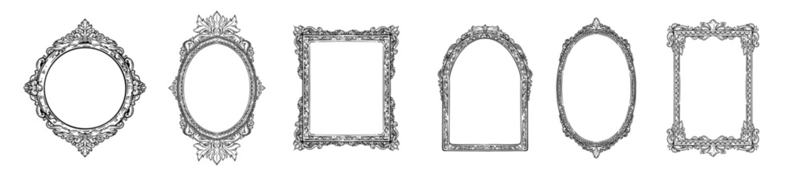 Antique frame set, hand drawn doodle vintage border, museum picture empty classic victorian decor. Swirl ornamental design, whimsical mirror. Romantic greeting postcard print. Retro engraving frame
