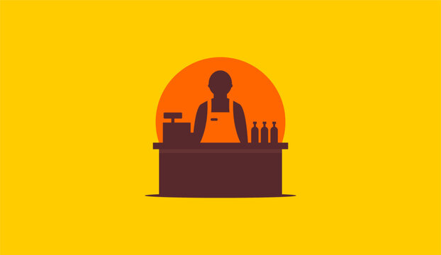 Cashier or bartender silhouette serving at counter vector illustration, barista worker concept