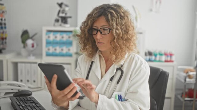 Woman doctor in white lab coat wearing stethoscope and glasses holding tablet tapping screen with index finger in medical office building; focused care.