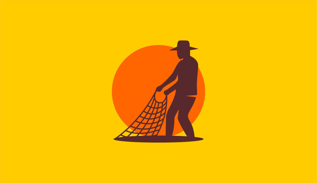 Fisherman casting net silhouette at sunset vector illustration, fishery worker concept