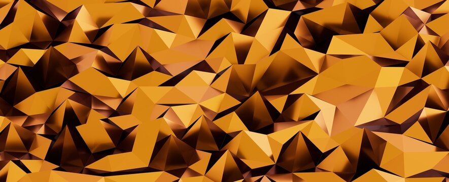 Abstract background with golden and orange low poly geometric polygons and facets, creating a modern