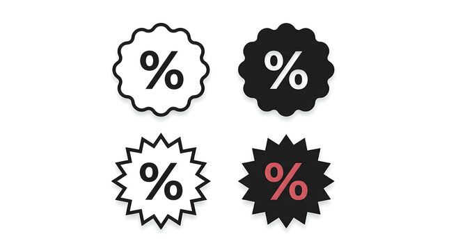 Four percentage symbol icons in various badge and starburst shapes, representing discounts or promotions.