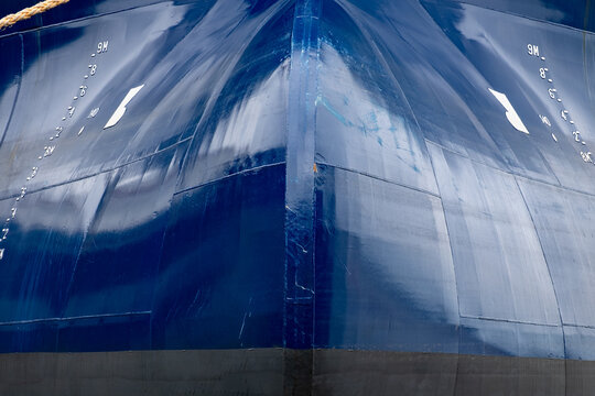 Massive steel bow of ship's hull