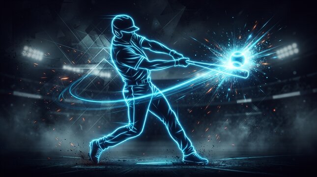 Futuristic blue holographic wireframe baseball player batting in stadium