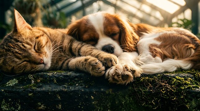 Cute Cat and Dog Sleeping Peacefully Together on Mossy Rock