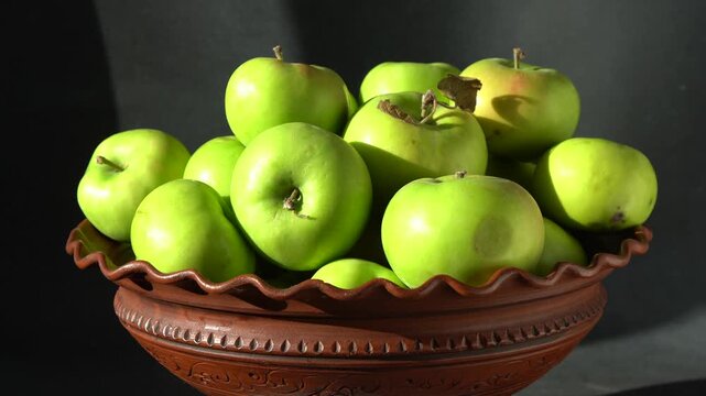 Green Apples food fruit Background. Apple harvest in bowl