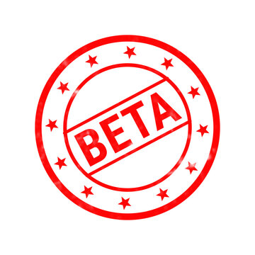 Red beta stamp icon with stars. Grungy rubber seal for software testing and product launch. Circular beta version mark.