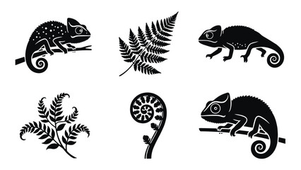 Fototapeta premium Set of black and white featuring chameleons on branches and various fern leaves, isolated on a white background