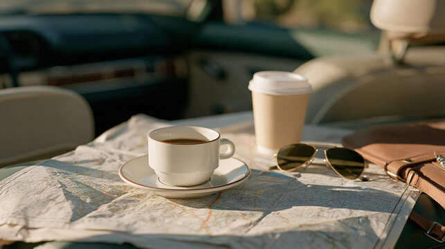Worn road atlas spread across backseat of old first car with coffee cup and sunglasses, pre GPS road trip planning, nostalgic travel, analog navigation, first long drive