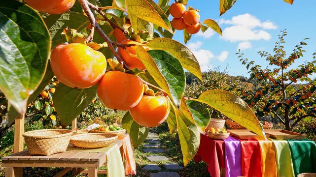Ripe orange persimmons hanging tree branch. Autumn harvest orchard farm. Fresh fruit produce display