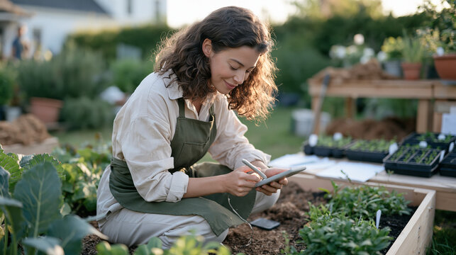 A gardener kneeling beside a raised vegetable bed fitted with a flush surface soil sensor plate, monitoring pH and moisture levels on a handheld reader, with composted mulch and