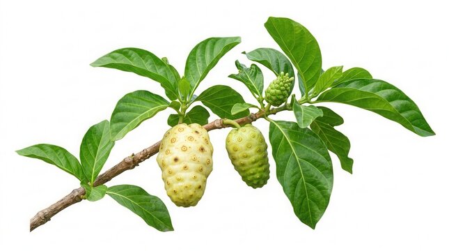 Noni Fruit Branch With Vibrant Green Leaves Isolated On White Background