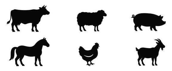 Obraz premium Set of black silhouettes of farm animals including a cow, sheep, pig, horse, chicken, and goat, isolated on a white background