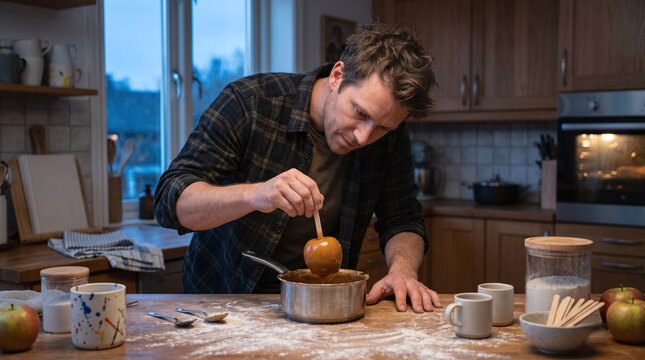 Man pours caramel into a pie crust in a springform pan