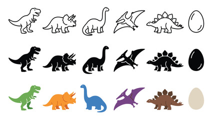 Set of dinosaur including t-rex, triceratops, brachiosaurus, pterodactyl, stegosaurus, and egg in outline, solid black, and colored styles © Animal-Vactor