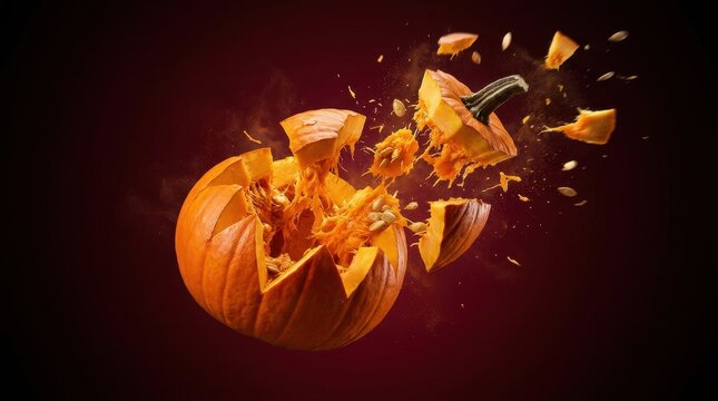 Exploding orange pumpkin with flying fragments, visible raw pulp and seeds captured with cinematic high speed motion lighting effect