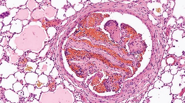 Microscopic View of Lung Alveoli and Blood Vessel Congestion