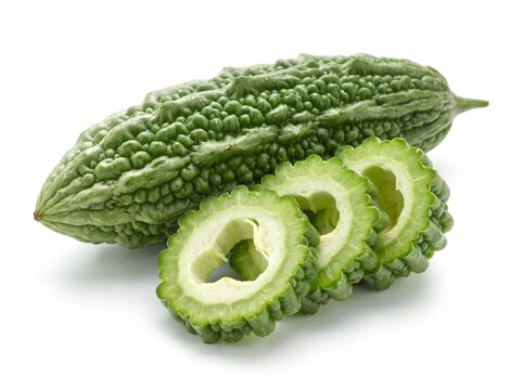 Fresh Bitter Gourd or Bitter Melon (Momordica charantia) sliced on a white background, healthy organic vegetable, culinary ingredient, natural food and nutrition
