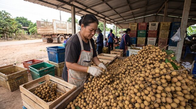 Thai workers sort longans for wholesale crates