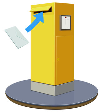 Modern yellow postal mailbox pillar with letter and arrow representing mail dispatch, courier delivery logistics, communication, and written correspondence services (cut out)