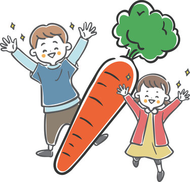 人参と喜ぶ子供たち　ベクター