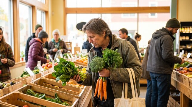 Shopper compares vegetables in local market