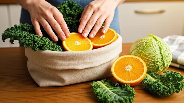 Hands packing fresh organic vegetables and halved oranges into a reusable cloth bag. Eco-friendly grocery shopping and healthy vegan diet concept