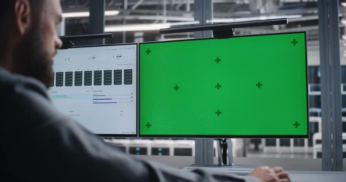 Technology Professional Analyzing Neutral Placeholder Display Beside Computing Equipment, Creating Flexible Context For Network Operations, Software Interfaces, Troubleshooting, and Screen Edits.
