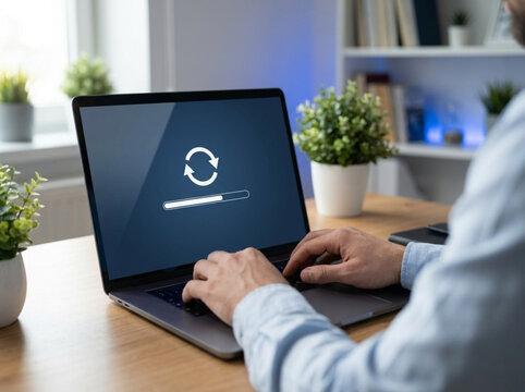 Person using laptop with restart symbol