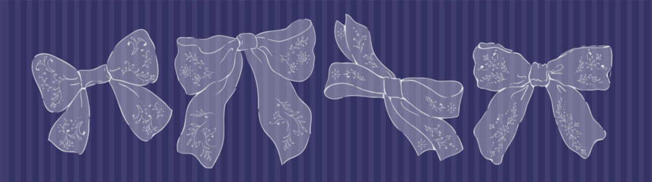 Set of whimsical bows. Hand drawn linear doodle design elements for decoration print or save the date card