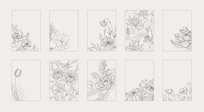 Set of card with blooming hand drawn flowers and brunch. Detailed template layout design, brochure or cover for Valentines day or wedding
