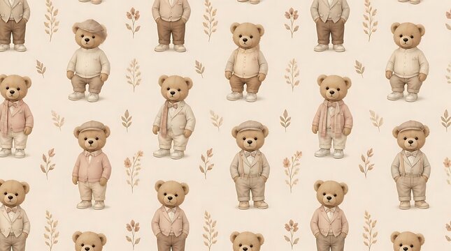 Cute teddy bear seamless pattern beige background.