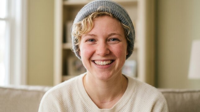Portrait Of A Young Woman Wearing A Beanie And Smiling Warmly Indoors