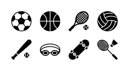 Fototapeta premium Family Sports Activities. Filled icon set of Family Sports Activities: soccer ball, basketball, tennis racket, volleyball, baseball bat, swimming goggles, skateboard, badminton racket. Solid icons