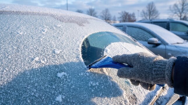 Person wearing warm gloves scraping ice off a frozen car windshield on a cold winter morning