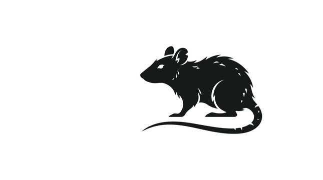 Minimalist black silhouette of a rat rodent standing on a white background with a long curved tail and detailed fur texture, side profile view of a pest animal vector icon illustration.