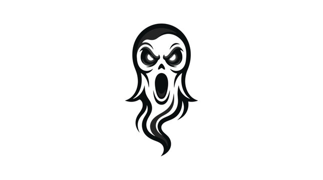 Stylized black and white ghost face illustration with a screaming mouth, angry glowing eyes, and a flowing wispy vapor tail isolated on a solid white background for graphic design.
