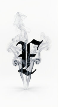 Gothic letter F typography featuring black calligraphic initial surrounded by wispy smoke on white background
