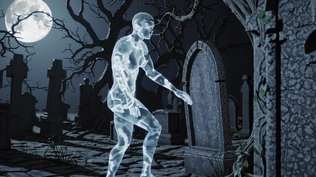 transparent figure of ghost stands in ancient, weather-beaten cemetery. ghostly figure merges with decaying tombstones, creating silent and eerie scene. haunted cemetery awaits you at night under moon