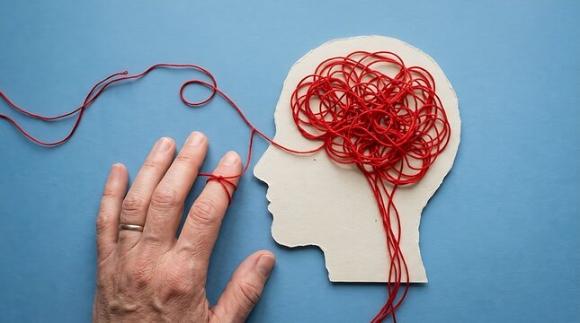 Confused mind tangled with red thread, symbolizing mental health struggles