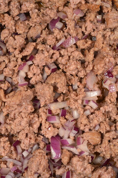 A detailed macro shot showing cooked ground minced meat mixed with pieces of chopped purple red onion frying in a pan.