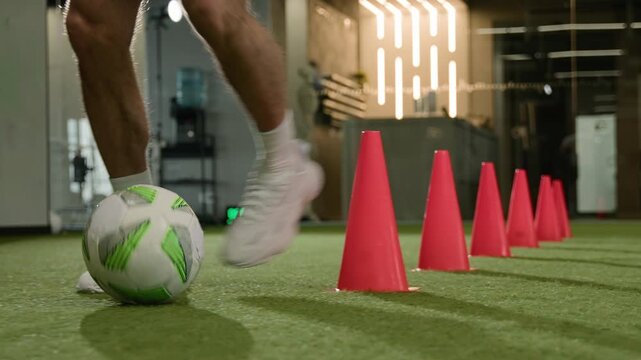 Unrecognizable footballer man male player running with ball between cones on field soccer athlete training sportsman fast feint moves intense workout practice muscular legs scoring goal football game