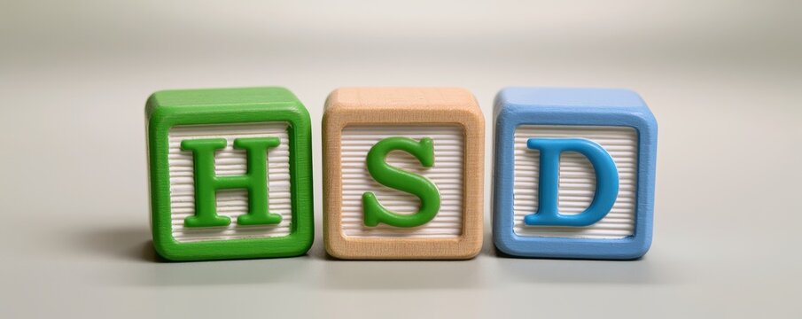 Colorful wooden toy blocks spelling the acronym HSD on a neutral gray background