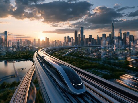 Futuristic high-speed train on elevated track in a modern city