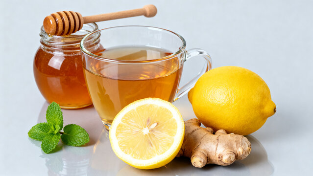 Glass cup of honey lemon ginger tea with fresh ingredients on a white background