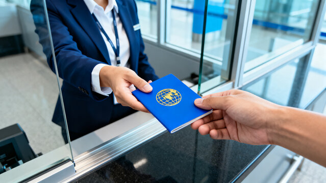 Traveler handing blue passport to agent through airport security glass