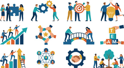 Fototapeta premium Business Teamwork and Leadership Icon Set Featuring Collaboration, Strategy, Target Goals, Growth, Networking, Partnership, Team Building, and Success